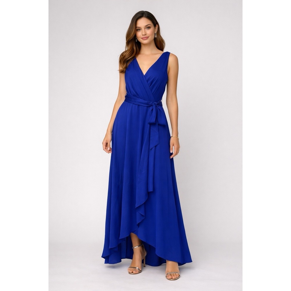 DKNY Wrap Maxi Dress Women 6 Royal Blue V-Neck Occasion Formal